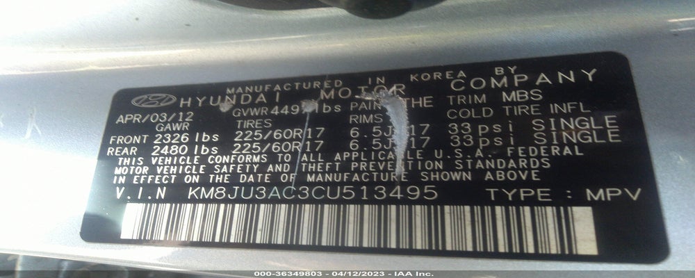 KM8JU3AC3CU513495 2012 HYUNDAI TUCSON photo no. 9