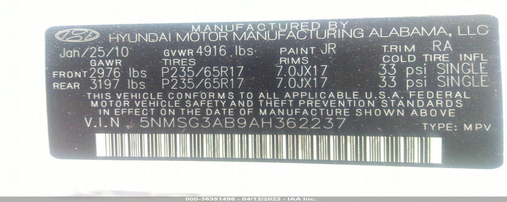 5NMSG3AB9AH362237 2010 HYUNDAI SANTA FE photo no. 9