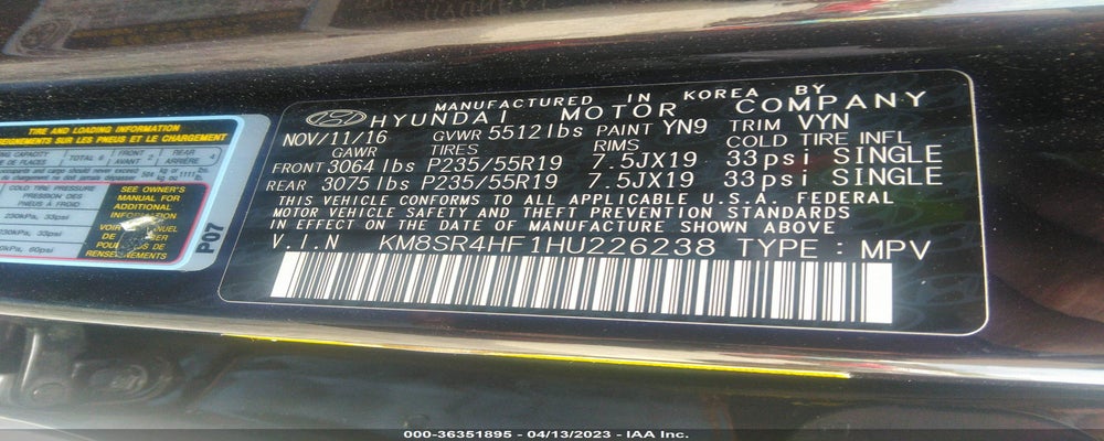 KM8SR4HF1HU226238 2017 HYUNDAI SANTA FE photo no. 9