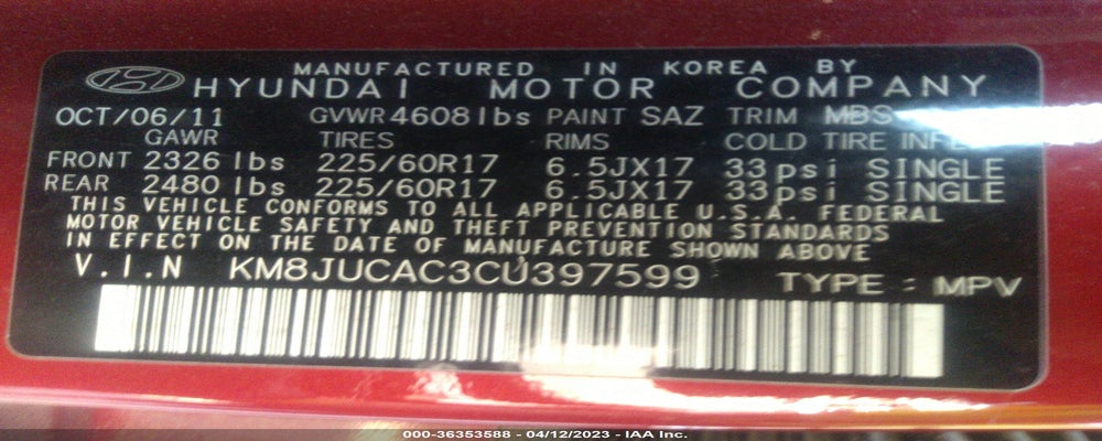 KM8JUCAC3CU397599 2012 HYUNDAI TUCSON photo no. 9