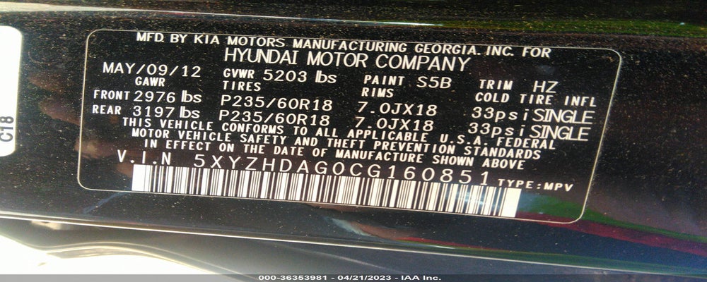 5XYZHDAG0CG160851 2012 HYUNDAI SANTA FE photo no. 9