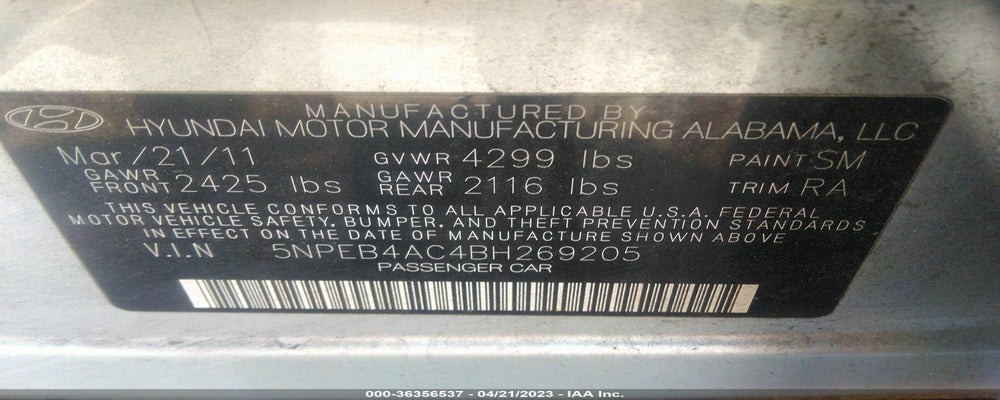 5NPEB4AC4BH269205 2011 HYUNDAI SONATA photo no. 9