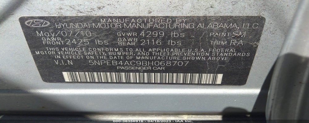 5NPEB4AC9BH068707 2011 HYUNDAI SONATA photo no. 9