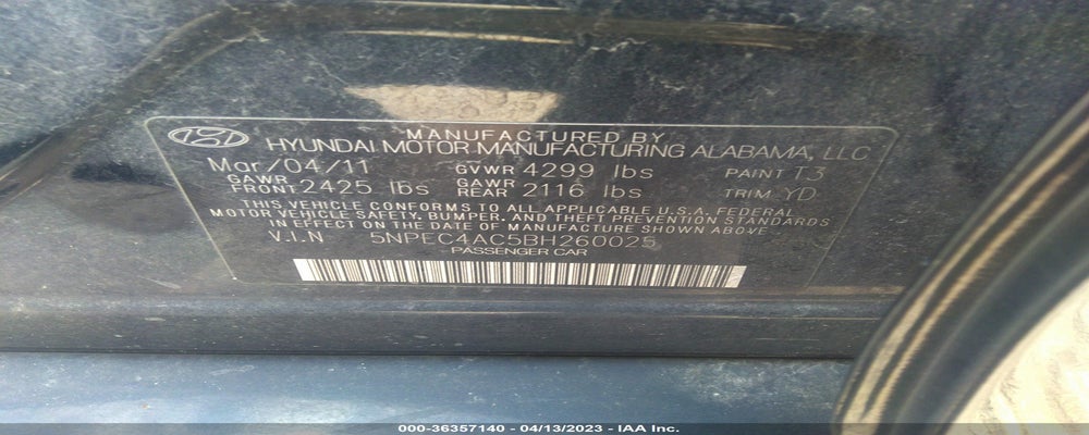 5NPEC4AC5BH260025 2011 HYUNDAI SONATA photo no. 9