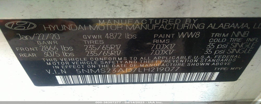 5NMS23AD7LH219077 2020 HYUNDAI SANTA FE photo no. 9
