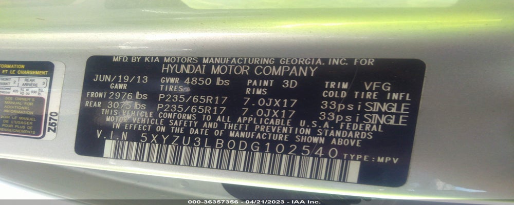 5XYZU3LB0DG102540 2013 HYUNDAI SANTA FE photo no. 9