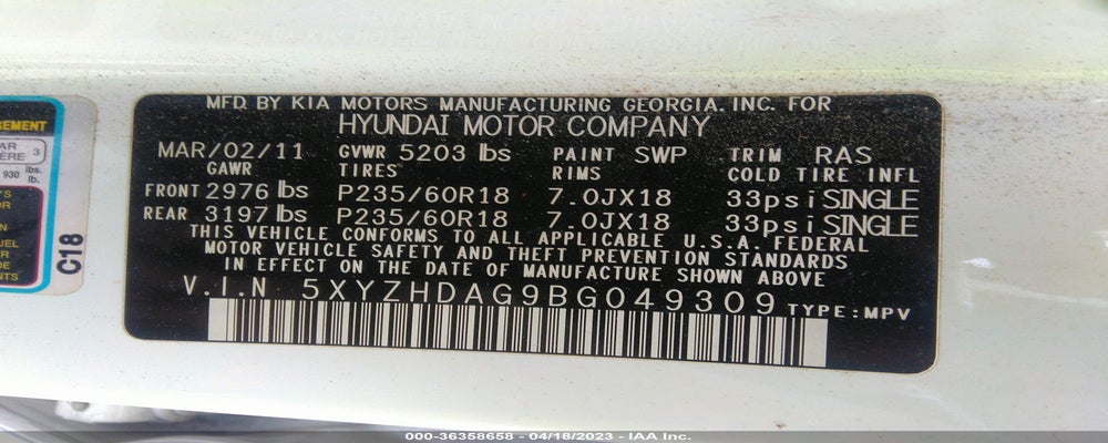 5XYZH4AG9BG049309 2011 HYUNDAI SANTA FE photo no. 9