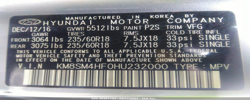 KM8SM4HF0HU232000 2017 HYUNDAI SANTA FE photo no. 9