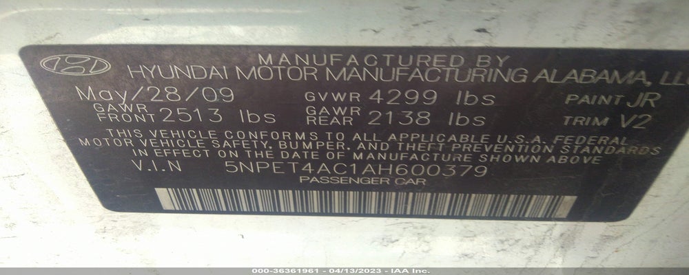 5NPET4AC1AH600379 2010 HYUNDAI SONATA photo no. 9