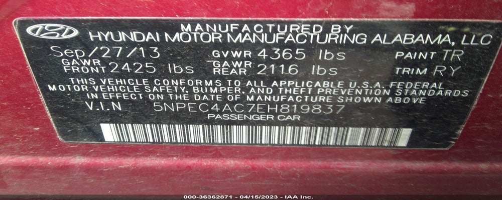 5NPEC4AC7EH819837 2014 HYUNDAI SONATA photo no. 9