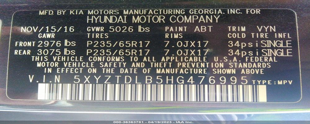 5XYZTDLB5HG476995 2017 HYUNDAI SANTA FE SPORT photo no. 9