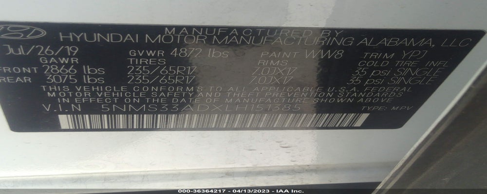 5NMS33ADXLH151385 2020 HYUNDAI SANTA FE photo no. 9