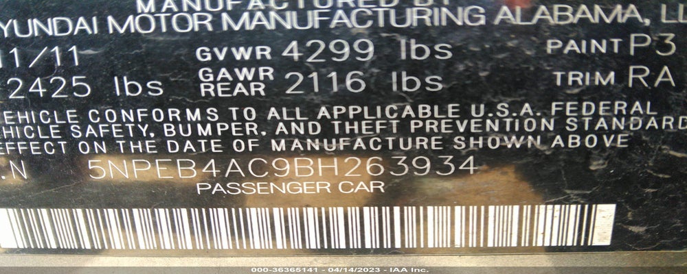 5NPEB4AC9BH263934 2011 HYUNDAI SONATA photo no. 9