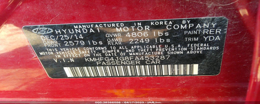 KMHFG4JG8FA453287 2015 HYUNDAI AZERA photo no. 9