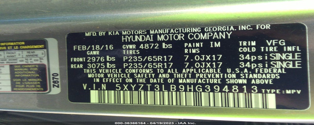 5XYZT3LB9HG394813 2017 HYUNDAI SANTA FE SPORT photo no. 9
