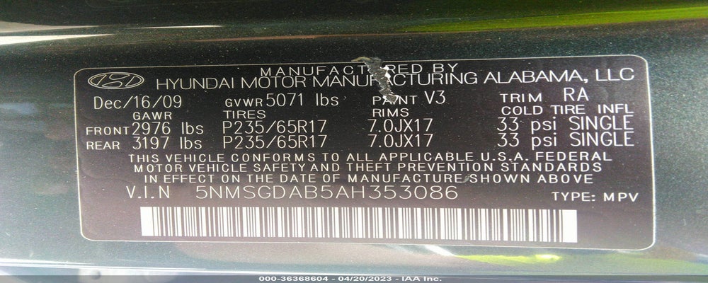 5NMSGDAB5AH353086 2010 HYUNDAI SANTA FE photo no. 9