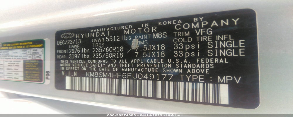 KM8SM4HF6EU049177 2014 HYUNDAI SANTA FE photo no. 9