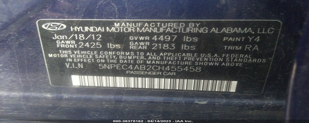 5NPEC4AB2CH455458 2012 HYUNDAI SONATA photo no. 9
