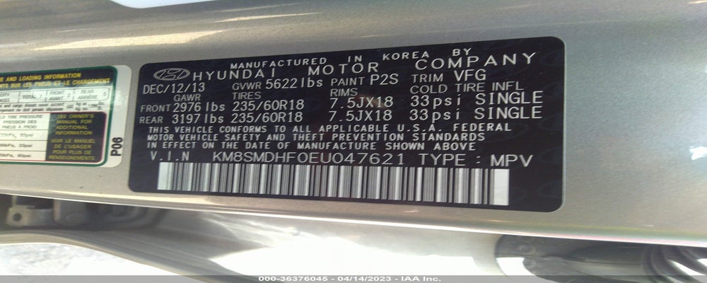 KM8SMDHF0EU047621 2014 HYUNDAI SANTA FE photo no. 9