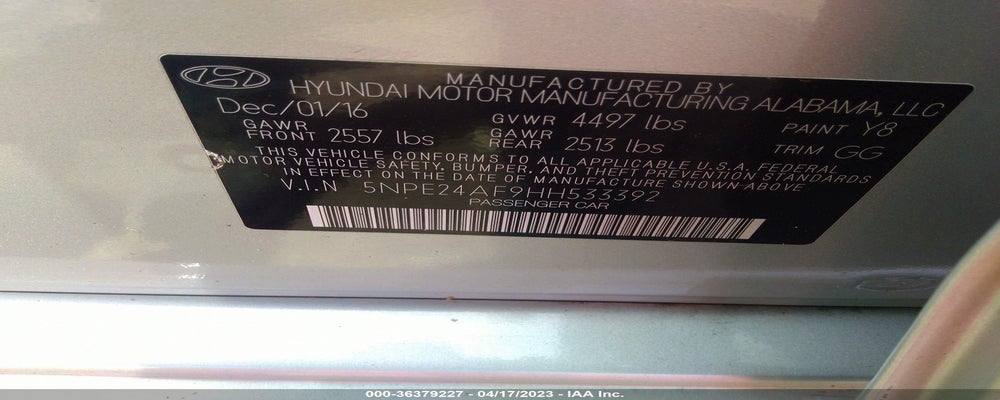 5NPE24AF9HH533392 2017 HYUNDAI SONATA photo no. 9
