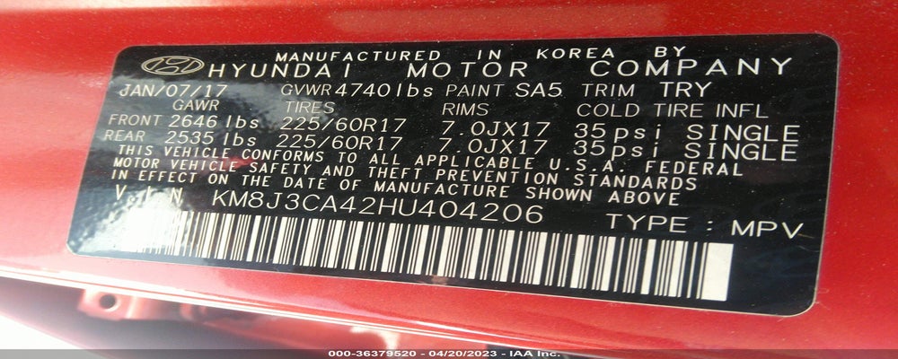 KM8J3CA42HU404206 2017 HYUNDAI TUCSON photo no. 9