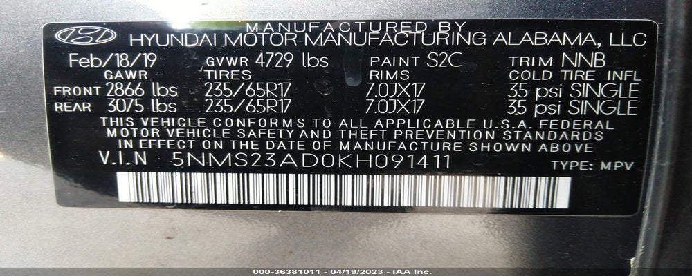 5NMS23AD0KH091411 2019 HYUNDAI SANTA FE photo no. 9