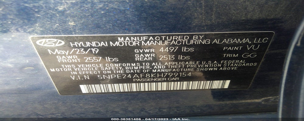 5NPE24AF8KH799154 2019 HYUNDAI SONATA photo no. 9