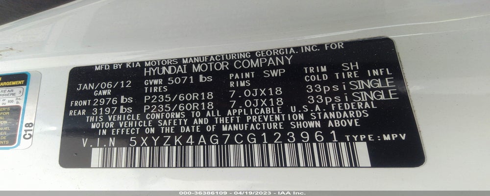 5XYZK4AG7CG123961 2012 HYUNDAI SANTA FE photo no. 9