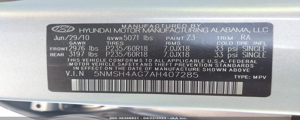 5NMSH4AG7AH407285 2010 HYUNDAI SANTA FE photo no. 9