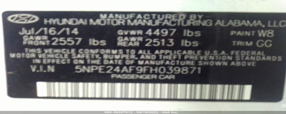 5NPE24AF9FH039871 2015 HYUNDAI SONATA photo no. 9