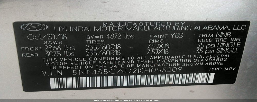 5NMS5CAD2KH055209 2019 HYUNDAI SANTA FE photo no. 9
