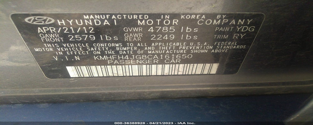 KMHFH4JG8CA161650 2012 HYUNDAI AZERA photo no. 9