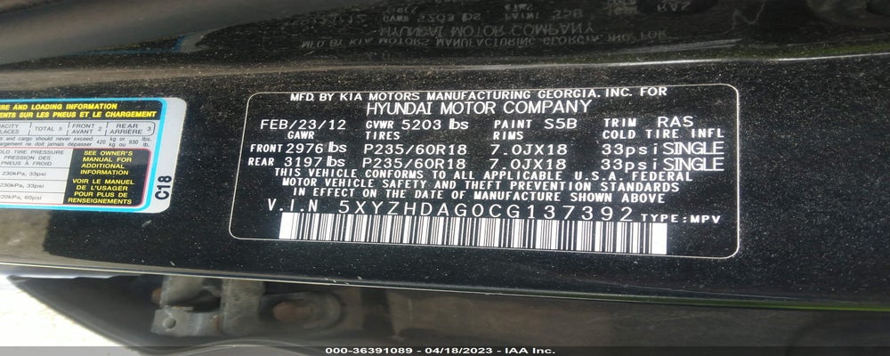 5XYZHDAG0CG137392 2012 HYUNDAI SANTA FE photo no. 9