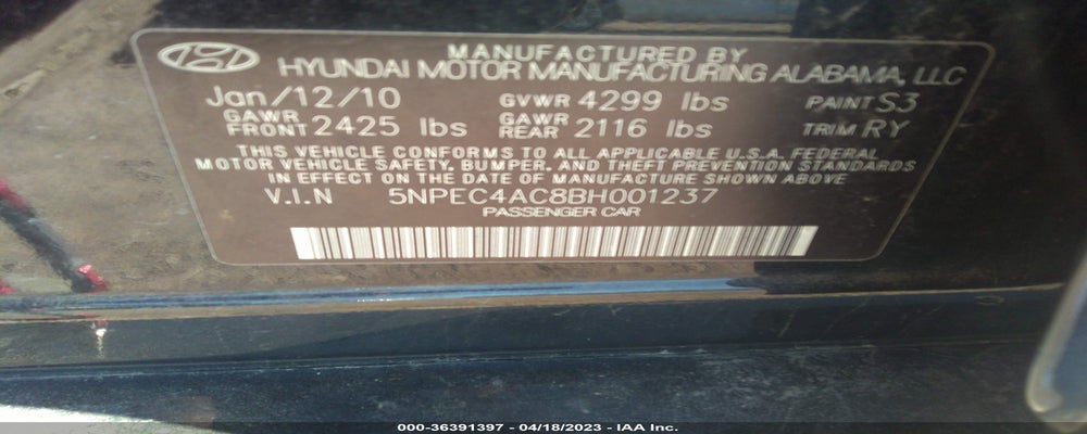 5NPEC4AC8BH001237 2011 HYUNDAI SONATA photo no. 9