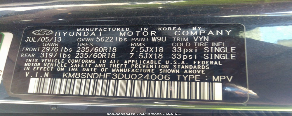 KM8SNDHF3DU024006 2013 HYUNDAI SANTA FE photo no. 9