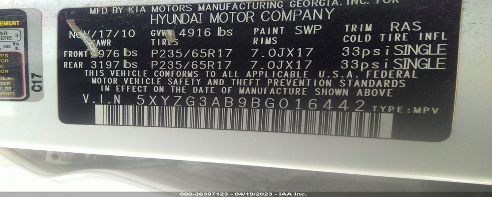 5XYZG3AB9BG016442 2011 HYUNDAI SANTA FE photo no. 9