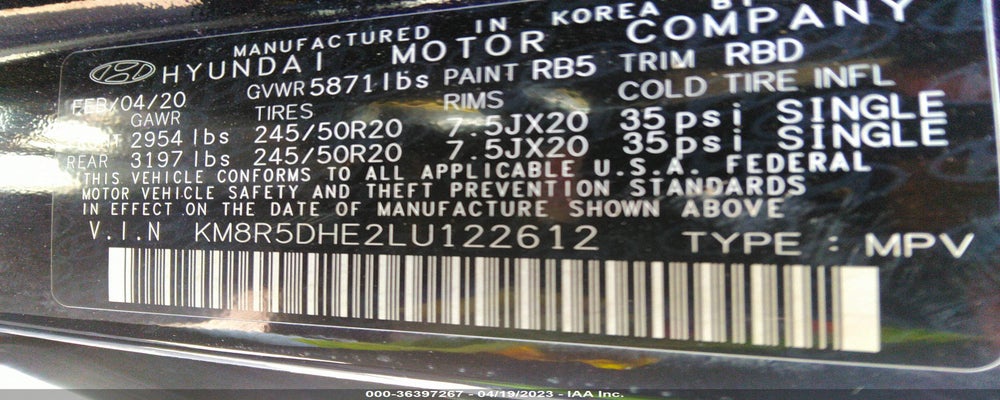 KM8R5DHE2LU122612 2020 HYUNDAI PALISADE photo no. 9