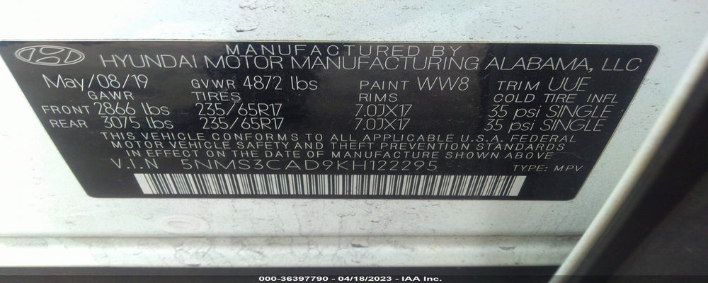 5NMS3CAD9KH122295 2019 HYUNDAI SANTA FE photo no. 9