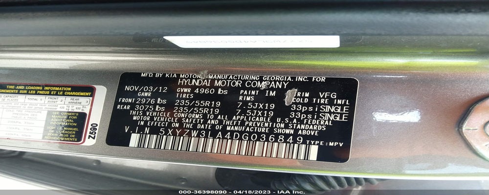 5XYZW3LA4DG036849 2013 HYUNDAI SANTA FE photo no. 9