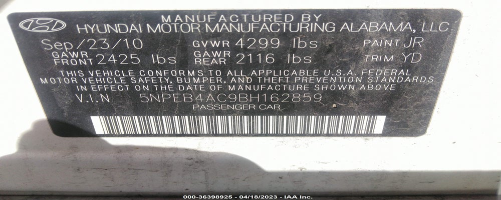 5NPEB4AC9BH162859 2011 HYUNDAI SONATA photo no. 9