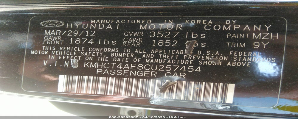 KMHCT4AE8CU257454 2012 HYUNDAI ACCENT photo no. 9