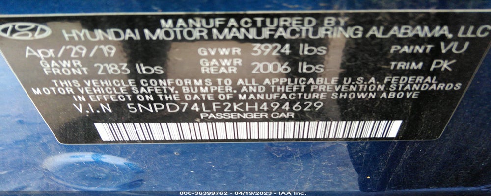 5NPD74LF2KH494629 2019 HYUNDAI ELANTRA photo no. 9