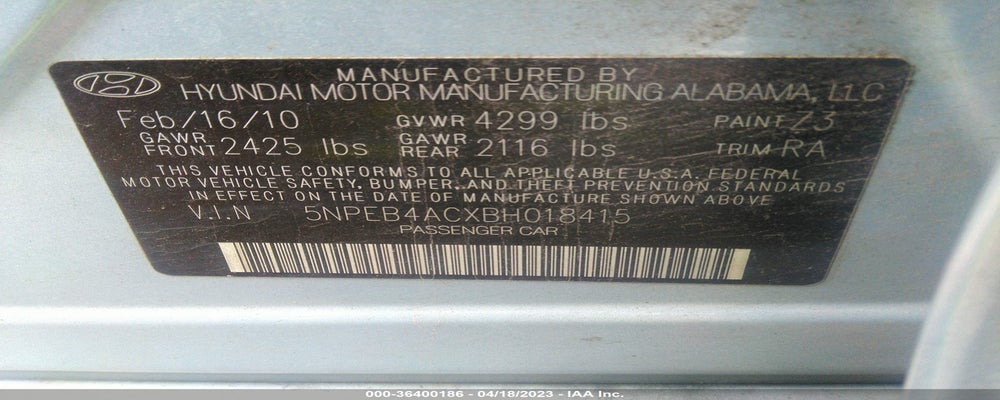 5NPEB4ACXBH018415 2011 HYUNDAI SONATA photo no. 9