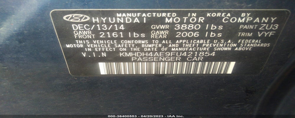 KMHDH4AE9FU421854 2015 HYUNDAI ELANTRA photo no. 9