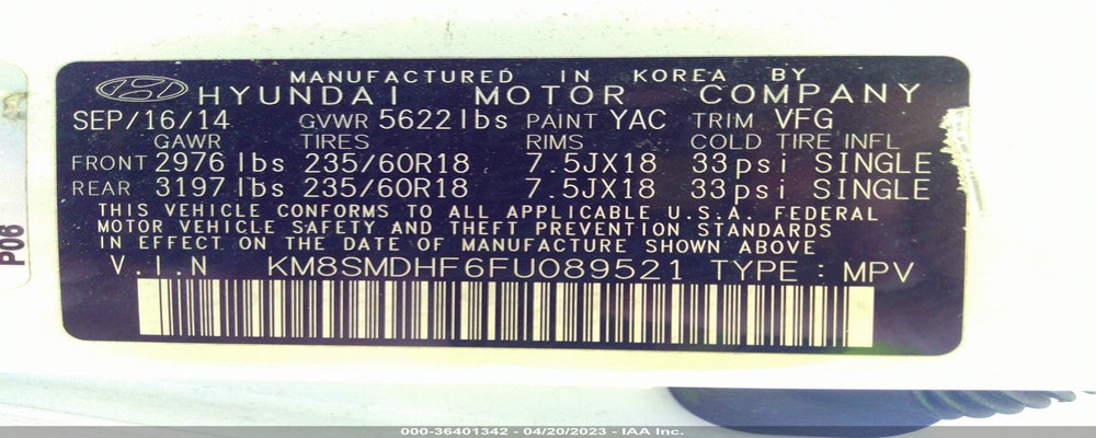 KM8SMDHF6FU089521 2015 HYUNDAI SANTA FE photo no. 9
