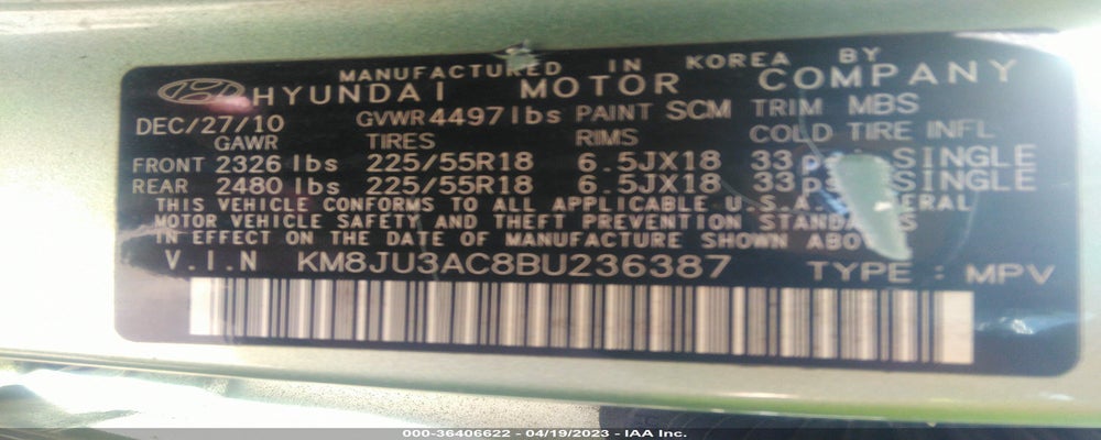 KM8JU3AC8BU236387 2011 HYUNDAI TUCSON photo no. 9