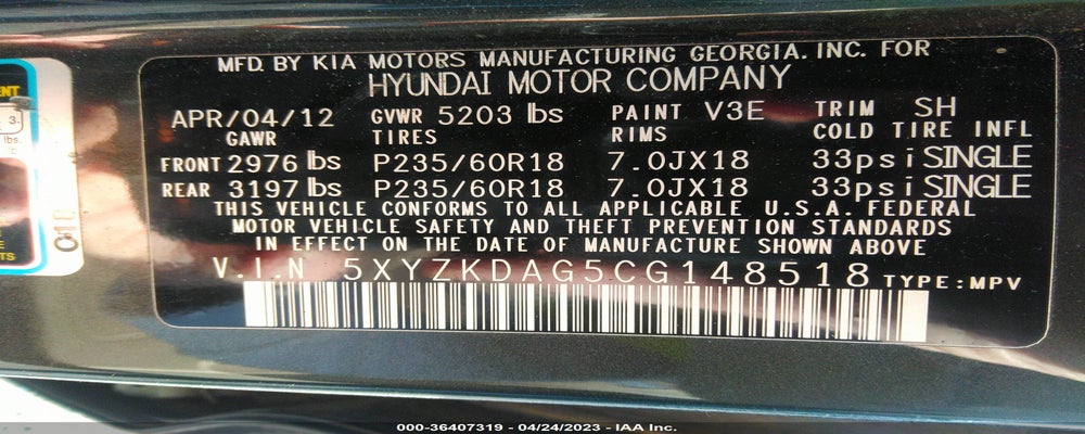 5XYZKDAG5CG148518 2012 HYUNDAI SANTA FE photo no. 9