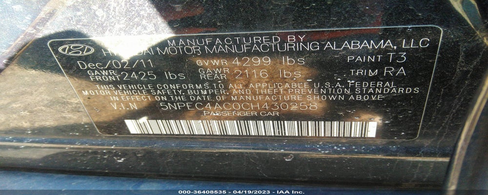 5NPEC4AC0CH430258 2012 HYUNDAI SONATA photo no. 9