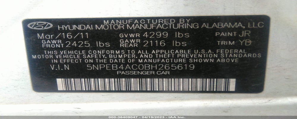 5NPEB4AC0BH265619 2011 HYUNDAI SONATA photo no. 9