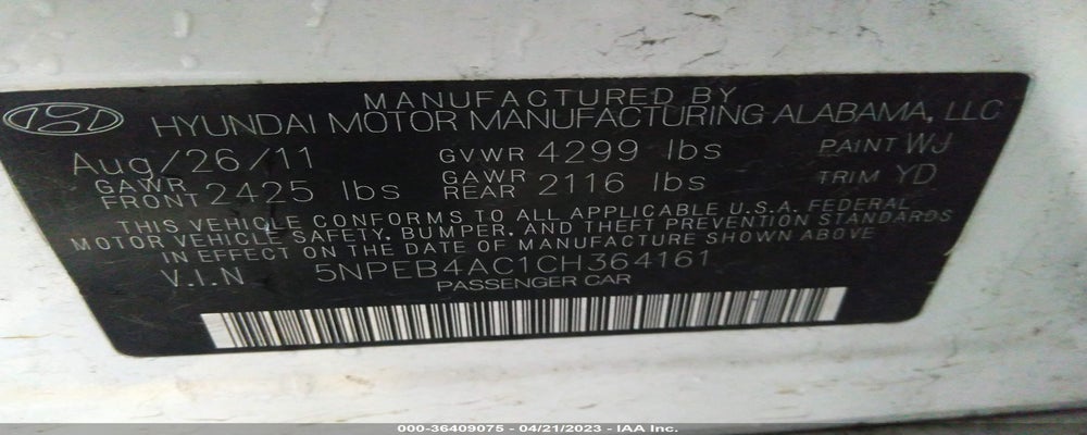 5NPEB4AC1CH364161 2012 HYUNDAI SONATA photo no. 9